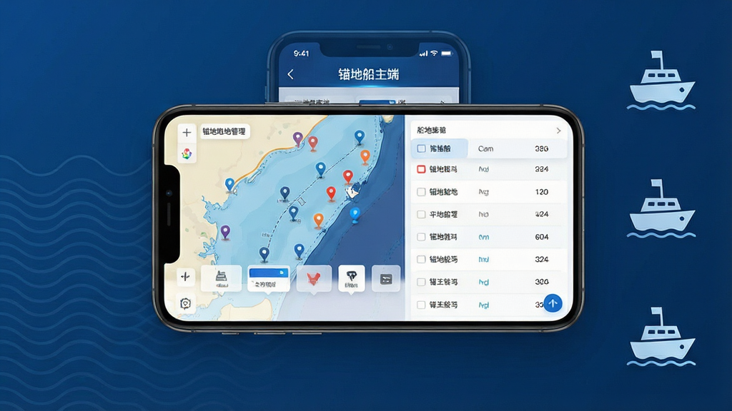 画面主体为一部智能手机,屏幕中显示船舶锚地管理界面,界面上有锚地分布示意图与船舶列表,布局为手机居中放置于深蓝色航海风格背景之上,左侧有轻微波浪纹理,右侧有简约的船舶图标点缀,整体排版干净利落,风格为现代商务科技风,细节包括屏幕中的地图标记点与数据卡片,画质清晰锐利,干净无多余元素,图片中文字为“锚地船主端”