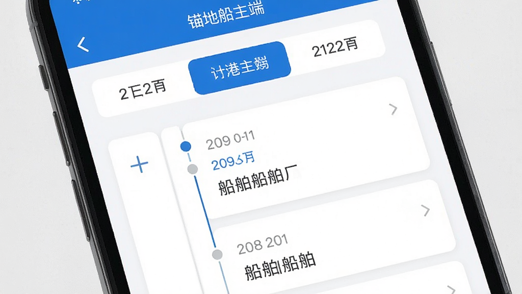 画面主体为手机屏幕特写,屏幕中展示进出港计划时间轴,布局为上下结构,上方为日期切换栏,下方为计划卡片列表,风格为简约移动端界面风格,细节包括时间节点标记与船舶名称条目,画质清晰干净,无杂乱元素,图片中文字为“锚地船主端”