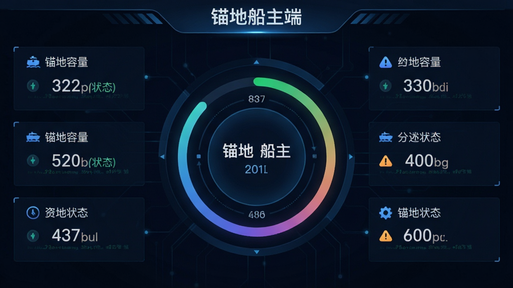 画面主体为一块数据仪表盘界面,布局为居中圆形资源占用指示器,周围环绕锚地容量数值与状态标签,排版对称规整,风格为科技感数据面板风格,细节包括渐变进度环与提示图标,画质干净锐利,无多余元素,图片中文字为“锚地船主端”