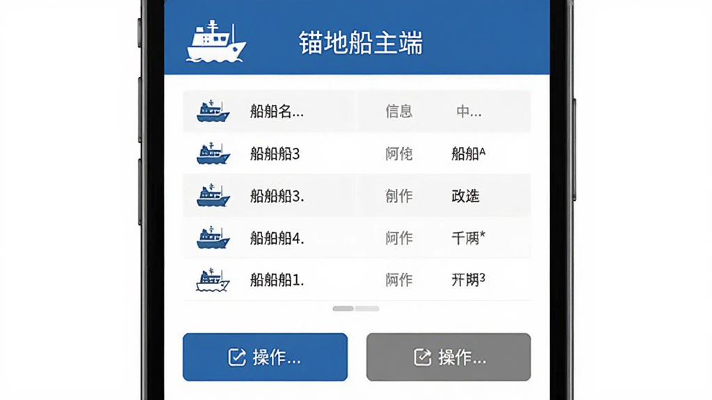 画面主体为手机应用中的船舶信息详情页,布局为上部船舶名称标题、中部信息表格、下部操作按钮,排版纵向清晰,风格为商务工具类界面风格,细节包括船舶图标与信息字段行,画质清晰干净,无多余装饰,图片中文字为“锚地船主端”