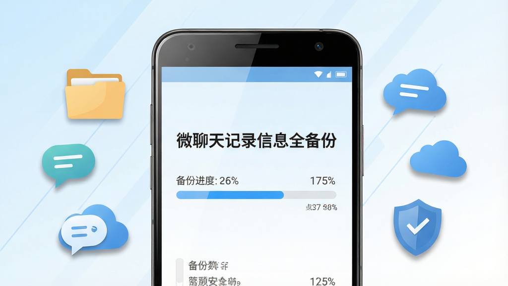 画面主体为一款安卓手机界面展示聊天记录备份软件的首页布局,手机屏幕中央显示“微聊天记录信息全备份”软件名称与备份进度条,周围环绕文件夹图标、聊天气泡图标、云朵图标与盾牌安全图标,布局采用居中对称构图,手机置于画面正中央,背景为浅蓝色渐变到白色的柔和过渡,风格为扁平化科技插画风,细节包括手机边框的高光反射、图标阴影层次、进度条上的百分比数字清晰可见,画质为高清2K分辨率,画面干净整洁无多余装饰元素