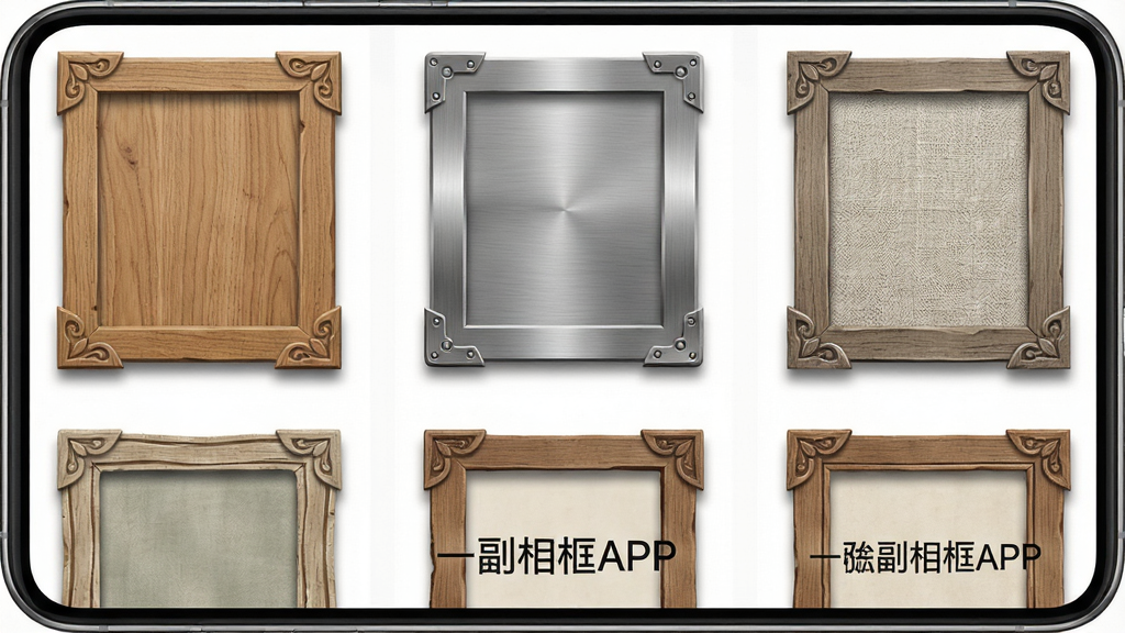 一幅手机应用界面展示图,画面主体为屏幕中排列整齐的相框模板网格,包含木质、金属、布纹等不同材质风格,布局为三列网格排版,风格为清新明亮的工具类界面,细节包含每款模板的边角装饰与阴影层次,画质清晰干净无多余元素,图片中打文字“一副相框APP”