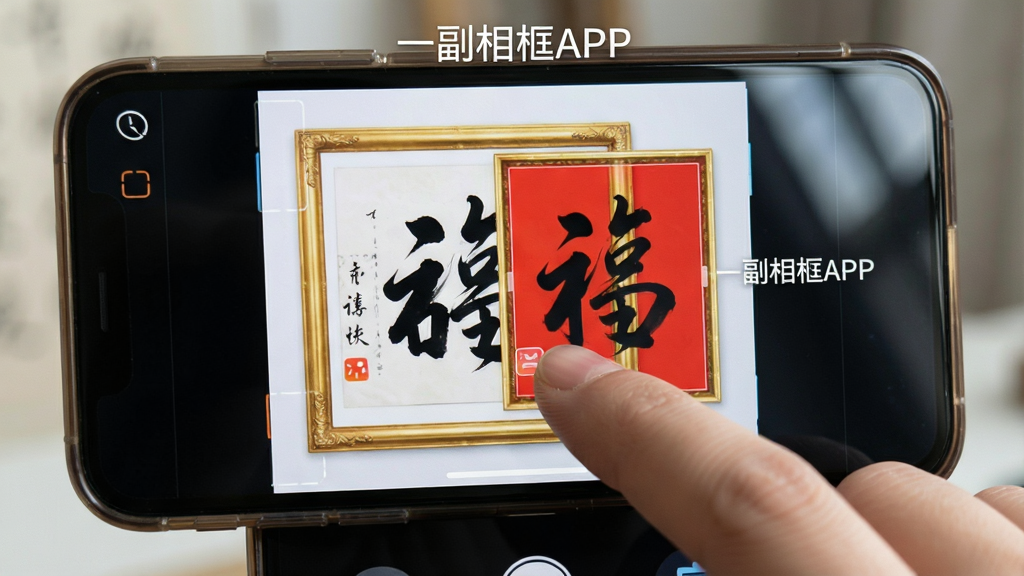 一幅手机操作场景图,画面主体为一只手在手机屏幕上点击相框模板,屏幕中一张书法作品正被套上金色边框并更换为红色背景,布局为手持手机特写居中,风格为真实生活化产品展示,细节包含手指触控动作与屏幕反光,画质清晰干净无多余元素,图片中打文字“一副相框APP”