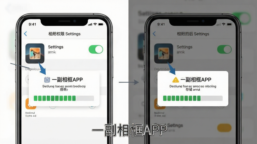 一幅手机问题排查示意图,画面主体为手机屏幕显示相册权限设置页面与存储空间提示弹窗,布局为左右分屏对比展示权限开启前后状态,风格为简洁教程类图示,细节包含设置开关图标与存储条,画质清晰干净无多余元素,图片中打文字“一副相框APP”
