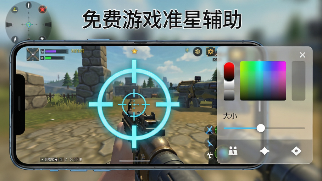 主体为一部横屏安卓手机,屏幕中显示射击游戏画面,画面中央叠加一个醒目的圆形准星图案,手机旁边放置一个半透明的设置面板,面板上有颜色选择色块和大小调节滑块,布局为手机居中偏左、设置面板悬浮在右侧,排版干净利落,风格为科技感扁平化设计,细节包括准星边缘的微光效果和面板上的图标按钮,画质高清,画面干净,无多余元素,图片上方用文字标注