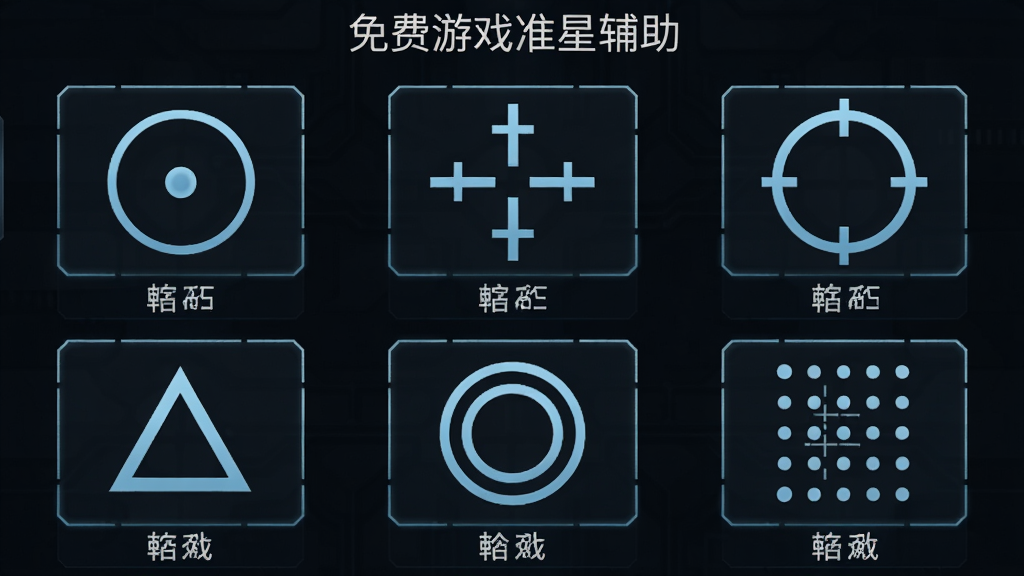 主体为一个悬浮在深色背景上的准星样式选择界面,界面上排列着六个不同形状的准星图标,分别是圆点、十字、圆圈、三角、双圈和点阵,布局为两行三列的网格排列,排版整齐对称,风格为深色科技风,细节包括每个图标下方的名称标签和选中状态的高亮边框,画质清晰,画面干净,无多余元素,界面顶部用文字标注