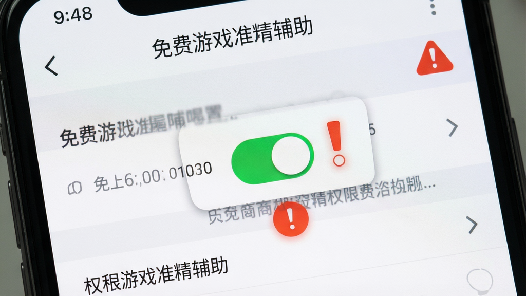 主体为一部手机屏幕特写,屏幕上显示一个权限设置页面,页面中悬浮窗权限开关被高亮标注,旁边有一个红色感叹号图标提示注意,布局为权限页面居中、提示图标在右上角,排版清晰直观,风格为系统设置界面写实风,细节包括开关按钮的绿色开启状态和权限列表的文字条目,画质高清,画面干净,无多余元素,页面顶部用文字标注