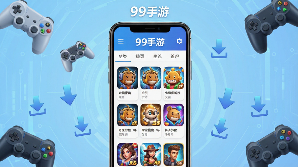 一款名为“99手游”的安卓手机应用主界面,画面中央是手机屏幕展示游戏盒子首页,屏幕内排列着游戏图标卡片与分类导航栏,屏幕上方有“99手游”文字标识,背景为浅蓝色渐变科技风格,周围漂浮着若干游戏手柄与下载箭头元素,整体布局居中对称,风格清爽现代,细节丰富,画质清晰,干净无多余元素