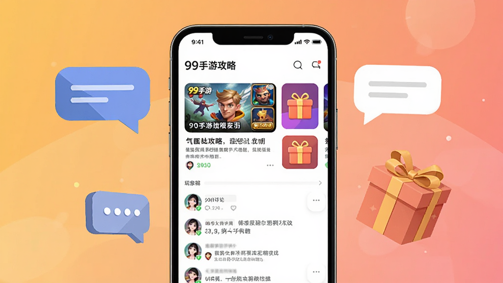 一部手机屏幕中展示“99手游”的社区攻略页面,页面上方是游戏攻略文章卡片与礼包图标,下方是玩家评论互动区域,手机旁边漂浮着对话气泡与礼物盒元素,背景为暖色调渐变,布局为手机居中、元素左右分布,风格扁平插画风,细节精致,画质清晰,干净无杂乱元素