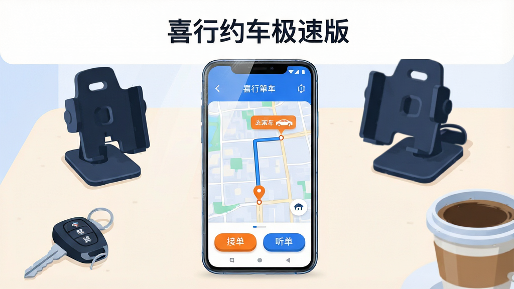 画面主体是一部竖屏安卓手机,屏幕中显示网约车司机端接单界面,地图上标注着乘客上车点与行驶路线,下方有“接单”“听单”按钮;布局为手机居中放置于浅色桌面,周围点缀车钥匙、车载支架与一杯咖啡;排版简洁,上方留白放置软件名称文字“喜行约车极速版”;风格为现代科技感扁平插画,配色以蓝白为主,辅以橙色高亮;细节包括手机边框反光、地图道路纹理清晰、按钮有轻微立体感;画质高清,画面干净,无多余元素