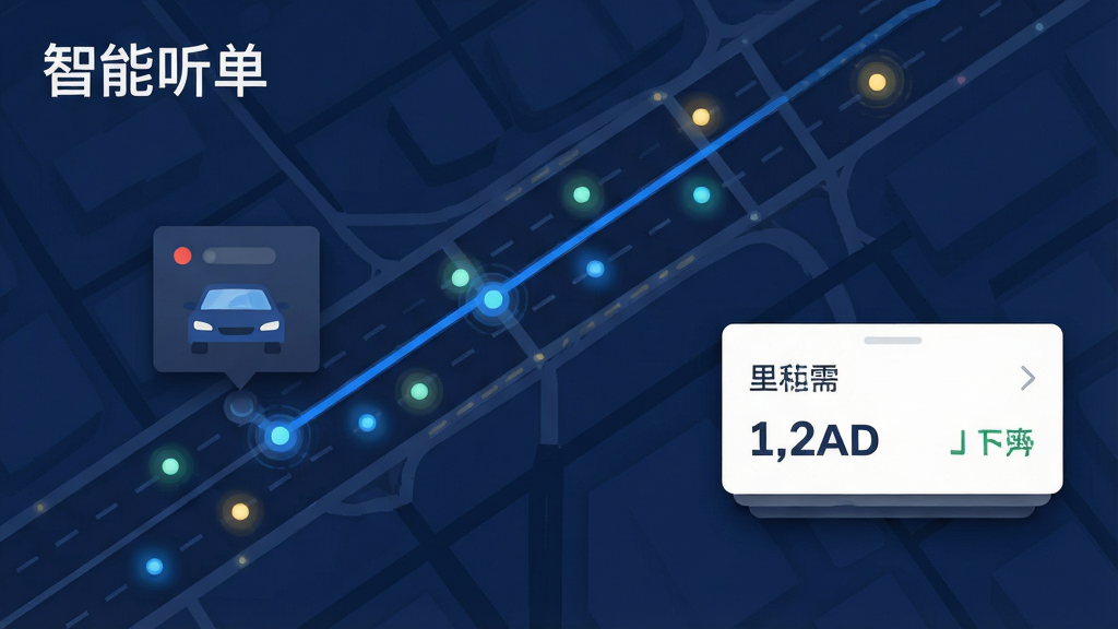 画面主体是一张城市道路俯视图,道路上分布着多个代表乘客需求的光点,一条蓝色路线连接司机位置与乘客上车点,旁边悬浮订单信息卡片;布局为地图铺满画面,左上角显示“智能听单”标题;排版信息卡片位于右侧,包含里程与费用数字;风格为数据可视化扁平风,深蓝底色配亮色光点;细节包括道路网格、光点脉冲效果、卡片阴影;画质高清,画面干净,无多余元素