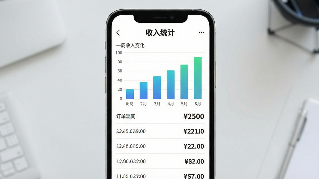 画面主体是一部手机显示收入统计页面,页面中有柱状图与流水列表,柱状图呈现一周收入变化,列表展示订单时间与金额;布局为手机居中,背景为浅灰色办公桌面;排版上方标题“收入统计”,下方图表与列表上下排列;风格为清新商务扁平风,蓝绿配色;细节包括柱状图渐变填充、列表分隔线、数字加粗高亮;画质清晰,画面干净,无多余元素
