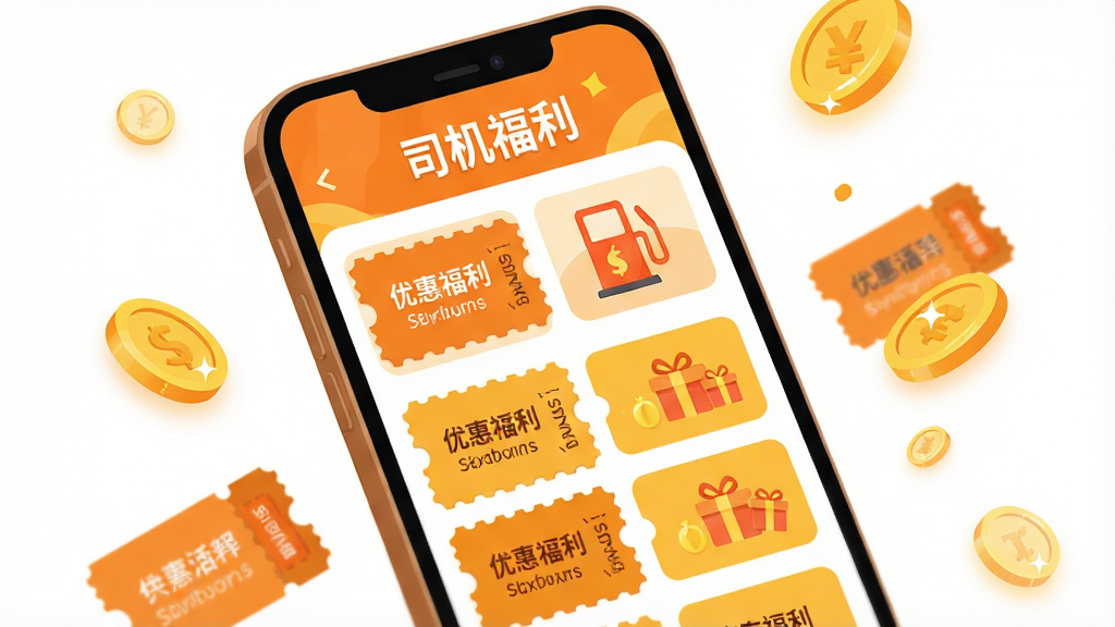 画面主体是一部手机屏幕展示福利中心页面,页面中有优惠券卡片、加油图标与礼盒图案;布局为手机居中略倾斜,周围散落金币与优惠券元素;排版上方写“司机福利”标题,下方卡片网格排列;风格为活泼扁平插画风,橙黄暖色调;细节包括优惠券锯齿边缘、金币高光、卡片圆角;画质高清,画面干净,无多余元素