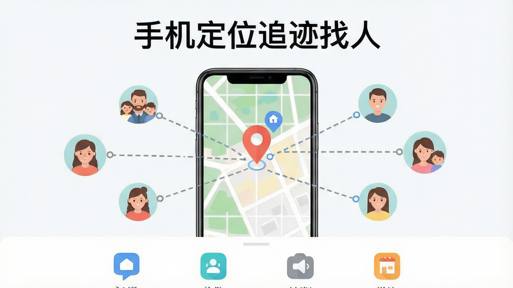 手机定位追迹找人软件主界面展示,画面中央是一部智能手机,屏幕上呈现地图与定位标记,周围环绕家庭成员头像图标与位置共享连线,布局为上下分层结构,上方为软件名称文字“手机定位追迹找人”,下方为功能图标排列,风格为清爽扁平化科技风,细节包含地图网格、定位气泡、轨迹虚线,画质清晰干净,无多余装饰元素