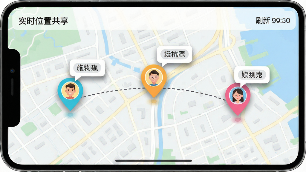 手机定位追迹找人实时位置共享功能展示,主体为一张横向地图界面,地图上有三个彩色定位标记点分别标注不同成员头像,标记点之间以虚线连接,布局为地图占据画面主要区域,右上角显示刷新时间,风格为现代简约UI风,细节包含街道线条、定位气泡阴影、成员昵称小标签,画质高清干净,画面中文字为“实时位置共享”