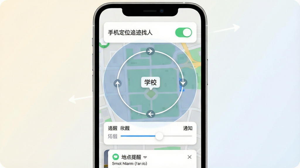 手机定位追迹找人地点提醒功能界面,画面主体为手机屏幕特写,屏幕内显示地图上有一个圆形范围圈,圈内标注“学校”文字标签,范围边缘有进出箭头示意,布局为手机居中、背景为浅色渐变,风格为清新卡片式设计,细节包含提醒开关按钮、半径调节滑块、通知弹窗示意,画质清晰干净,文字包含“地点提醒”