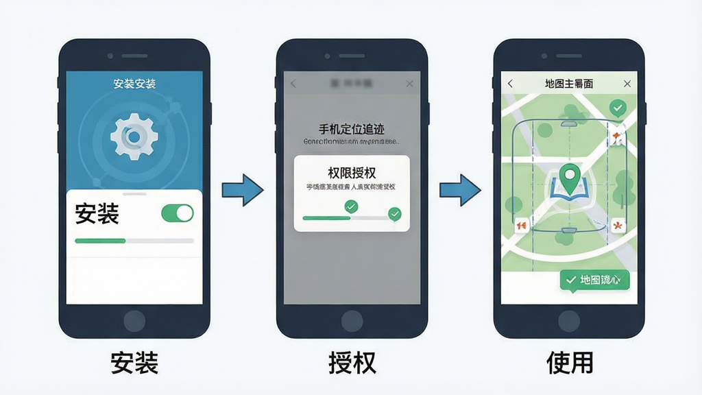 手机定位追迹找人安装授权流程示意图,画面为三部手机并排展示,从左到右分别呈现安装界面、权限授权弹窗、地图主界面,布局为横向排列带箭头引导,风格为步骤教程式扁平插画,细节包含权限开关图标、进度条、勾选标记,画质清晰干净,画面文字为“安装”“授权”“使用”