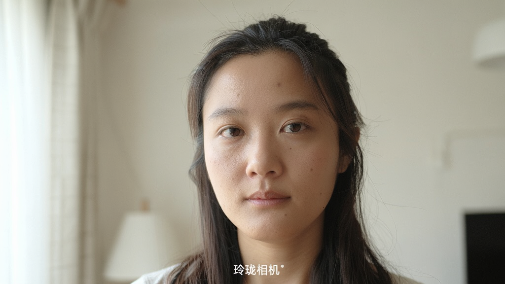 主体为一张手机拍摄的自然光人像照片,画面中人物皮肤质感真实、肤色均匀;布局为人物半身居中、背景为浅色室内环境;排版为照片下方放置小字“玲珑相机”标识;风格为真实自然的摄影样张风;细节包括发丝清晰、光影柔和、无明显修图痕迹;画质高清、画面干净、无多余元素