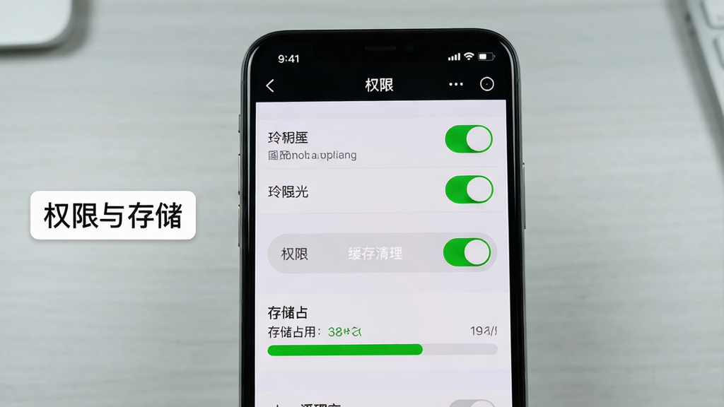 主体为手机屏幕展示玲珑相机设置页面与权限开关;布局为手机正面居中、背景为浅灰桌面;排版为左侧放置文字“权限与存储”标签;风格为简洁的教程示意风;细节包括权限开关、缓存清理按钮、存储占用条清晰可见;画质高清、画面干净、无多余元素
