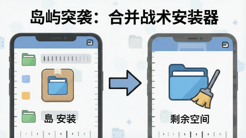 画面主体为一个手机存储空间示意图,左侧显示安装包体积小图标、右侧显示剩余空间充足图标,布局为左右对比构图,排版为中间一个箭头连接两侧图标、上方标题