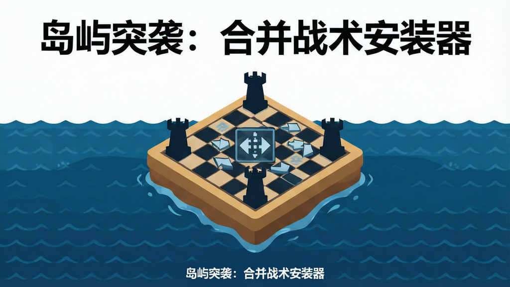 画面主体为一个悬浮在深蓝色海面上方的方形岛屿,岛屿上有合并棋盘格与防御塔剪影,布局采用居中构图,上方留白放置标题文字