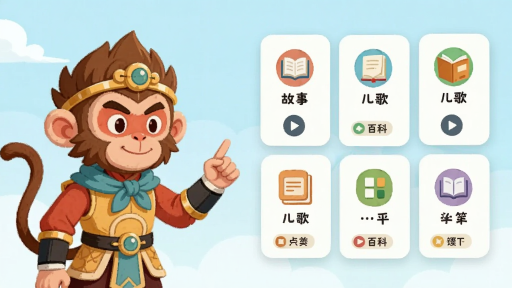 AI悟空机器人站在画面左侧,右侧为悬浮的内容卡片网格,卡片上标注故事、儿歌、百科等图标,整体采用清新浅色插画风格,布局左右分区明确,细节包含播放按钮与分类标签,画质干净整洁,无多余装饰