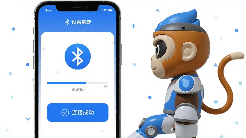 一部手机屏幕显示AI悟空机器人App的设备绑定界面,旁边放置悟空机器人硬件,界面包含蓝牙图标、进度条与连接成功提示,整体采用科技感扁平插画风格,色调以蓝白为主,布局手机居中机器人侧放,细节清晰,画质干净无多余元素