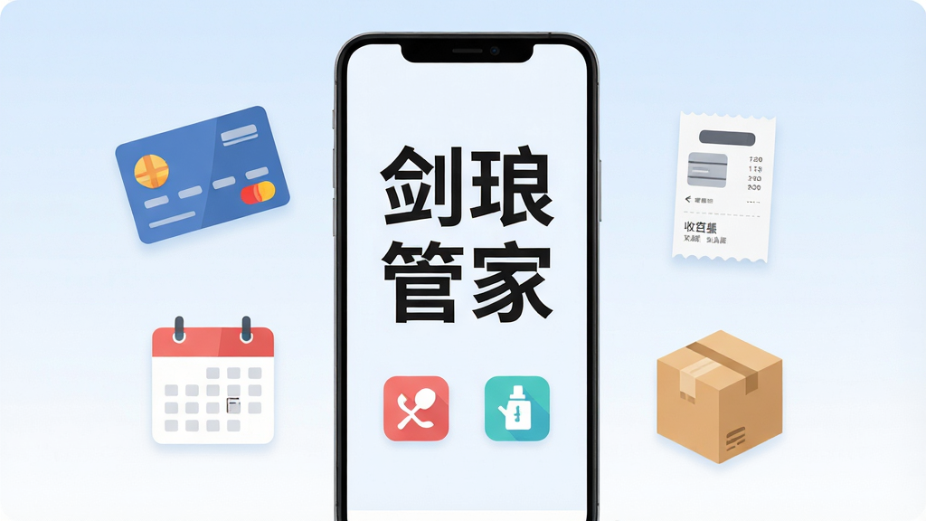 画面中央一部竖屏安卓手机,屏幕上显示“剑琅管家”四个大字与简洁的美业管理图标,手机两侧分别漂浮着会员卡、预约日历、收银小票和库存箱的扁平化图标,背景为浅蓝到白色的柔和渐变,整体采用现代商务插画风格,细节干净利落,构图居中对称,画质清晰锐利,无多余装饰元素