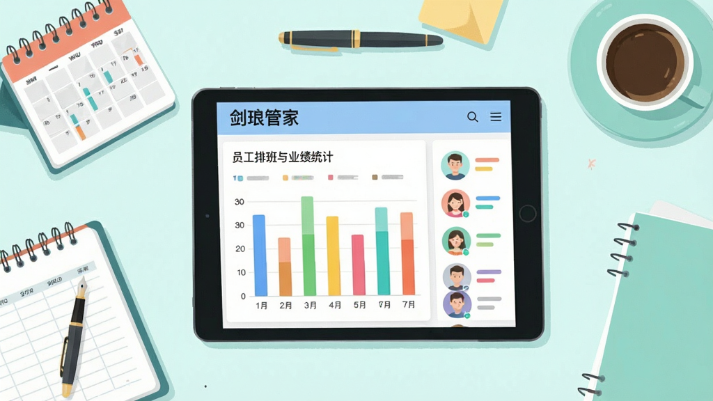 俯视视角的办公桌面,一台平板电脑显示“剑琅管家”员工排班与业绩统计图表,屏幕上有彩色柱状图与人员头像列表,桌面周围散落着日历本、钢笔和咖啡杯,采用清新浅色调的扁平插画风格,布局疏密有致,细节简洁,画质清晰干净