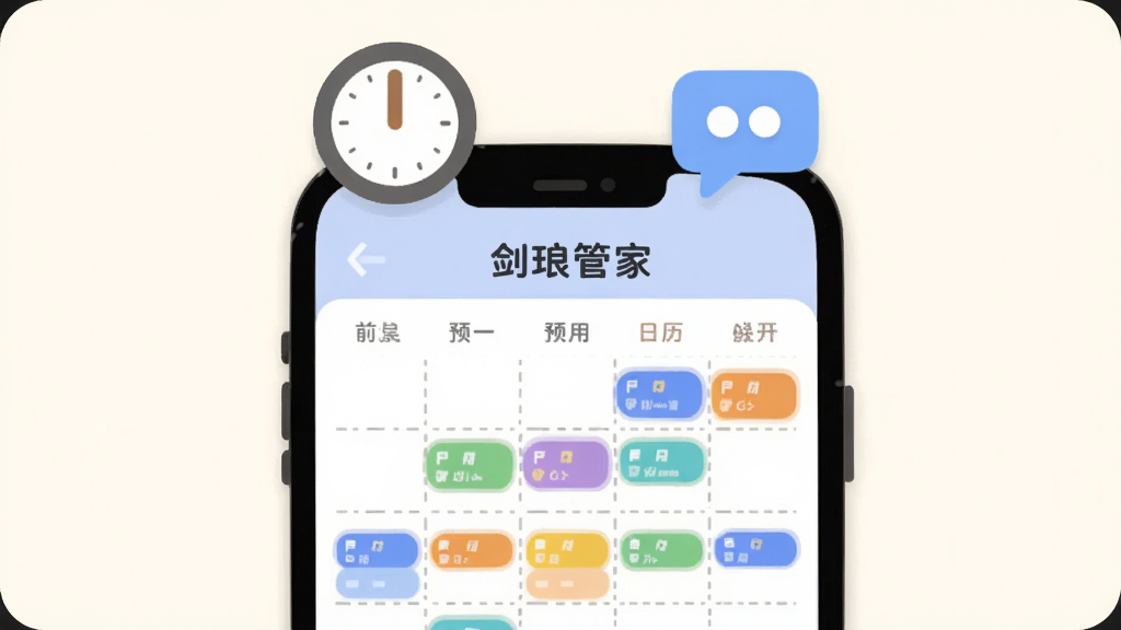 一部手机屏幕显示“剑琅管家”预约日历界面,日历格子里有不同颜色的预约标记,手机上方漂浮着时钟与消息气泡图标,背景为淡雅的米白色,采用柔和圆角卡通的扁平风格,构图简洁明快,画质清晰,无杂乱元素