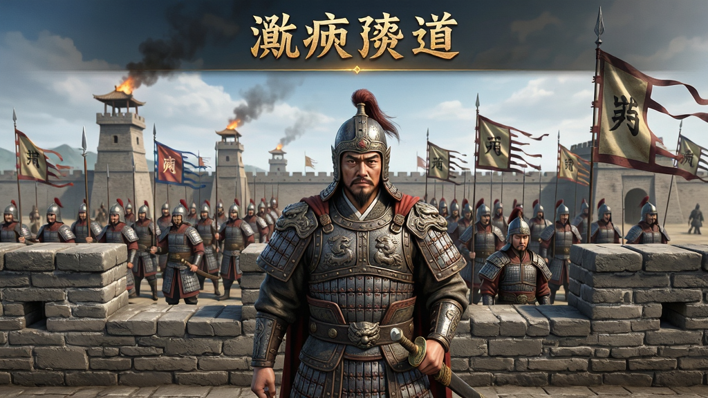 手机游戏界面展示,画面中央是一位身披铠甲的古代将领站在城墙上,身后是整齐的士兵方阵,远处有烽火台和飘扬的旗帜,布局为竖版手机屏幕比例,上方留出游戏标题区域,风格为写实国风策略游戏宣传图,细节包括盔甲纹理、城墙砖石、旗帜褶皱,画质清晰,干净,无多余元素