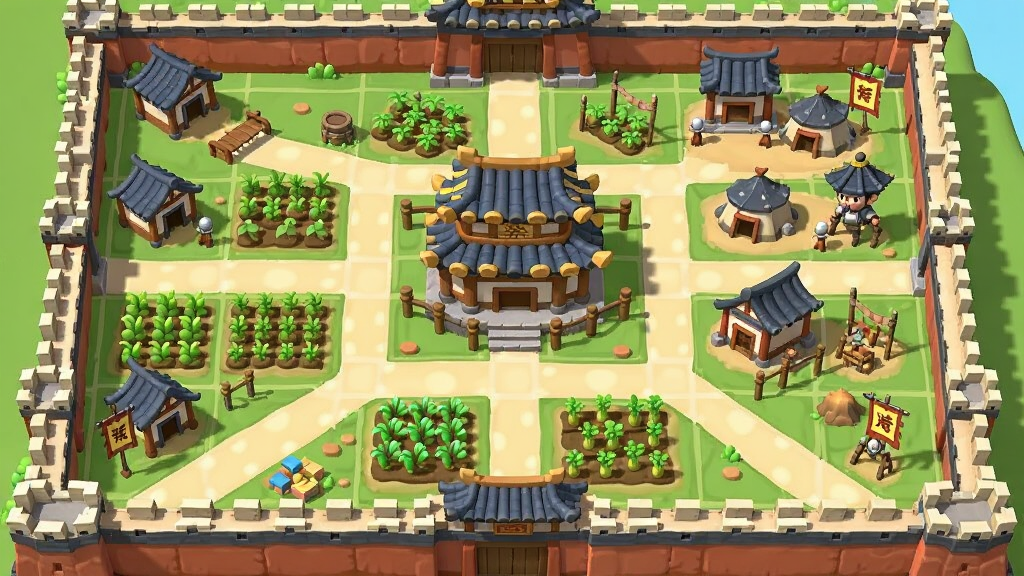 游戏城池建设界面,画面为俯视角度的古代城池,包含主城建筑、农田、兵营、城墙等设施,建筑之间有道路连接,布局为方形地图网格,风格为Q版国风经营游戏画面,细节包括建筑屋顶瓦片、农田作物、城墙垛口,画质清晰,干净,无多余元素
