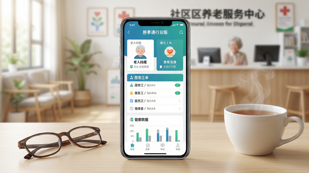 画面主体是一台竖屏智能手机,屏幕中显示“慈孝通行业版”应用主界面,界面采用蓝绿色调,包含老人档案卡片、服务工单列表与健康数据图表等模块;手机放置在浅木色桌面上,旁边有一副老花镜和一杯热茶,背景是虚化的社区养老服务中心场景;整体布局居中,手机占据画面视觉中心,四周留白干净;风格为现代写实UI展示风,光线柔和明亮;细节上突出屏幕图标的清晰度与界面排版的整洁感;画质高清,干净,无多余元素