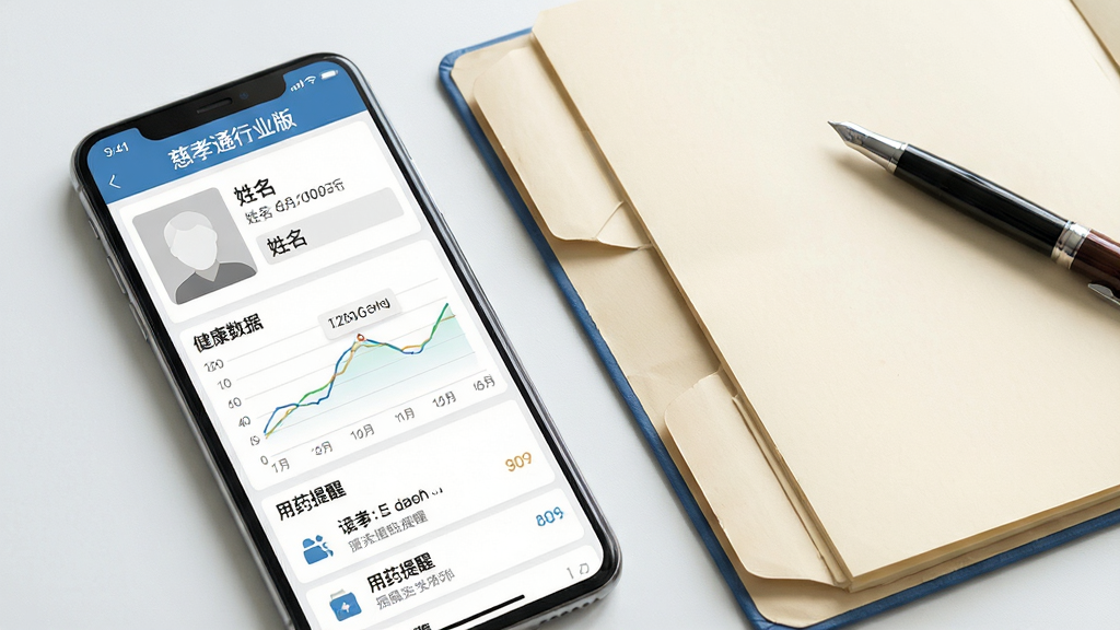 画面主体是一部手机屏幕特写,显示“慈孝通行业版”的老人档案详情页,页面上有头像占位、姓名栏、健康数据折线图与用药提醒列表;手机旁边放着一本打开的文件夹和一支笔,暗示纸质档案向数字化转型;布局为手机斜放在画面左侧,右侧留出空白区域;风格为清爽商务写实风;细节上强调界面中图表的清晰度与文字排版的层次感;画质高清,干净,无多余元素