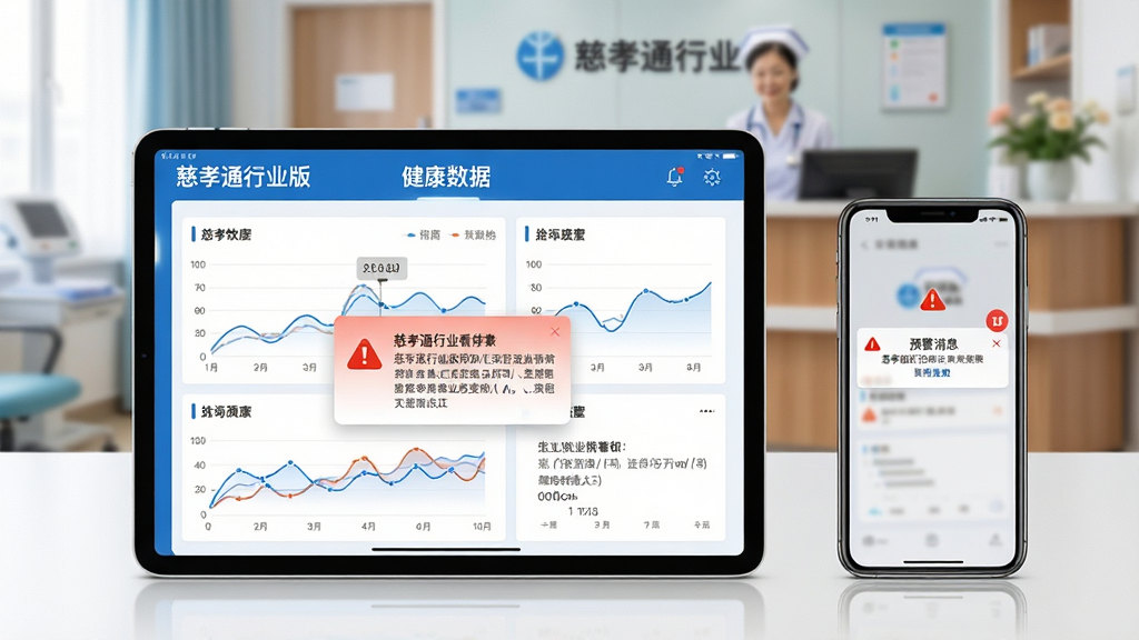 画面主体是一部横放的平板电脑与一部手机并排展示,平板屏幕显示“慈孝通行业版”的健康数据看板,包含多条折线图与预警提示弹窗,手机屏幕显示预警消息通知;设备放置在白色办公桌上,背景是虚化的养老机构护士站;布局为平板在左手机在右,画面对称均衡;风格为医疗健康科技风,色调以蓝白为主;细节上突出图表的清晰度与预警图标的醒目程度;画质高清,干净,无多余元素