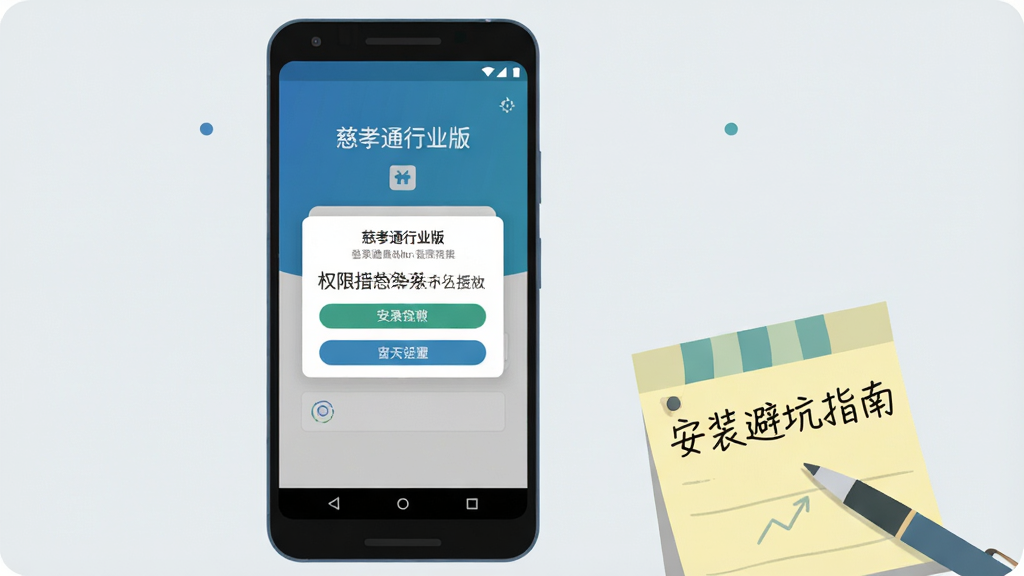画面主体是一部安卓手机屏幕显示“慈孝通行业版”的登录界面与权限授权弹窗,手机旁边放置一张写有“安装避坑指南”字样的便签纸和一支笔;布局为手机竖立在画面中央偏左,便签纸在右下角;风格为扁平化科技插画风,色调以蓝绿与浅灰为主;细节上突出权限弹窗的选项按钮与便签纸上的手写字体;画质高清,干净,无多余元素