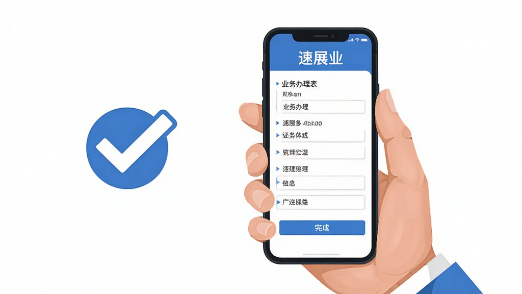 画面主体是一部被单手握住手机,屏幕显示“速展业”业务办理表单填写页面,表单字段排列整齐;布局为手机位于画面中央偏右,左侧留白处放置一个简洁的办理完成对勾图标;排版干净利落;风格为扁平化商务插画风,蓝白配色;细节上手指与手机比例自然、表单文字清晰;画质高清,干净,无多余元素