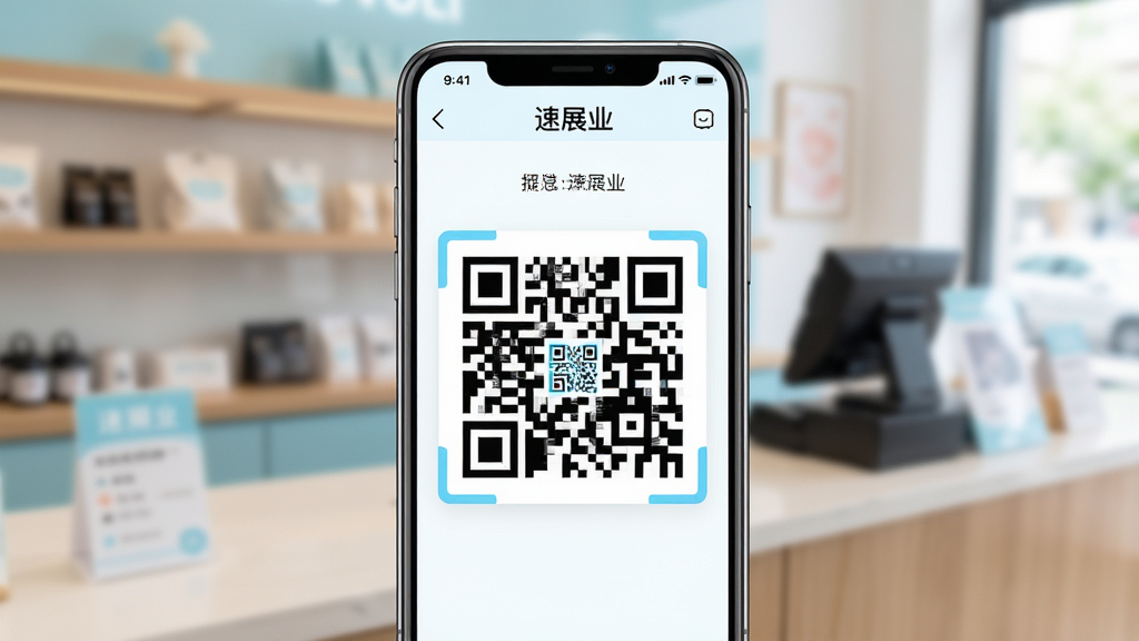 画面主体是一部手机屏幕显示“速展业”店铺二维码展示页面,二维码居中且清晰;布局为手机正面展示,背景为虚化的店铺柜台场景;排版突出二维码主体;风格为清新浅色系,白底配浅蓝点缀;细节上二维码边缘锐利、屏幕亮度自然;画质高清,干净,无多余元素