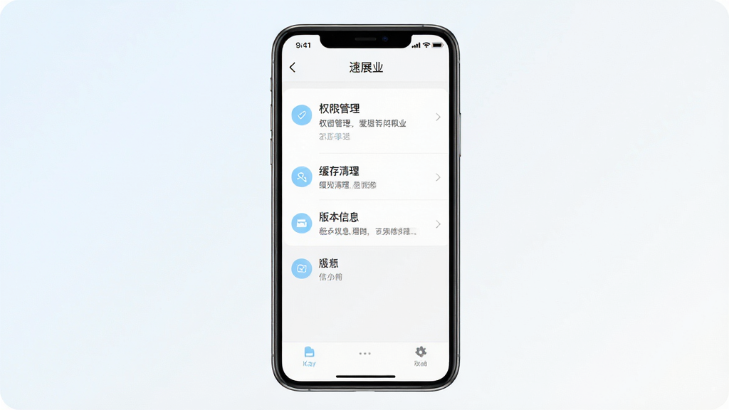 画面主体是一部手机屏幕显示“速展业”应用设置页面,页面中包含权限管理、缓存清理、版本信息等选项列表;布局为手机居中,背景为浅色渐变;排版清晰展示设置项;风格为极简清爽风,白底配浅蓝图标;细节上列表项间距均匀、文字清晰;画质高清,干净,无多余元素