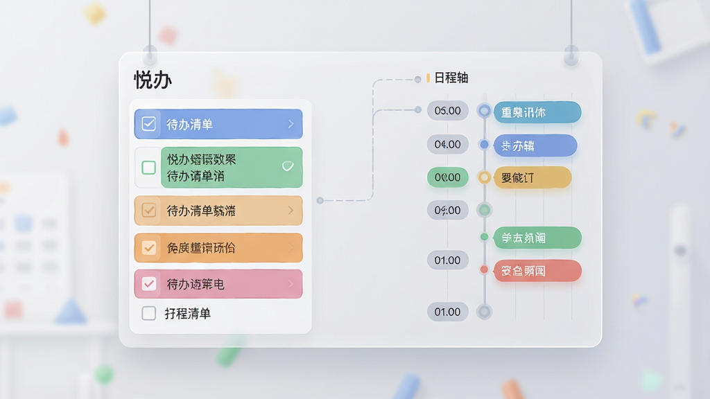 主体为一块悬浮的半透明日程面板,面板左侧为「悦办」待办清单列表,右侧为按时间排列的日程轴,两者用细线连接;布局为左右分栏居中;排版层次分明,重点条目用色块区分;风格为扁平化信息图表风;细节上清单项带勾选框,时间轴节点圆润,背景为浅灰渐变;画质清晰,画面干净,无多余元素