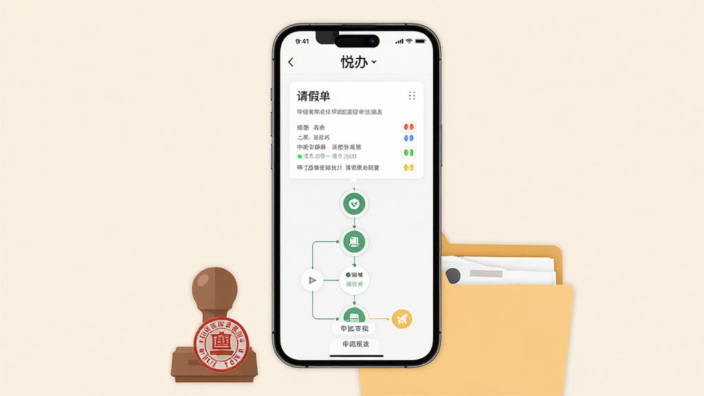 主体为一部手机屏幕显示「悦办」审批流程界面,包含请假单卡片与审批节点连线;布局为居中竖向构图,手机下方有印章与文件夹元素;排版清晰,节点用圆形图标表示;风格为商务扁平风;细节上审批状态用颜色区分,表单字段排列整齐,背景为浅米色;画质高清,画面干净,无多余元素