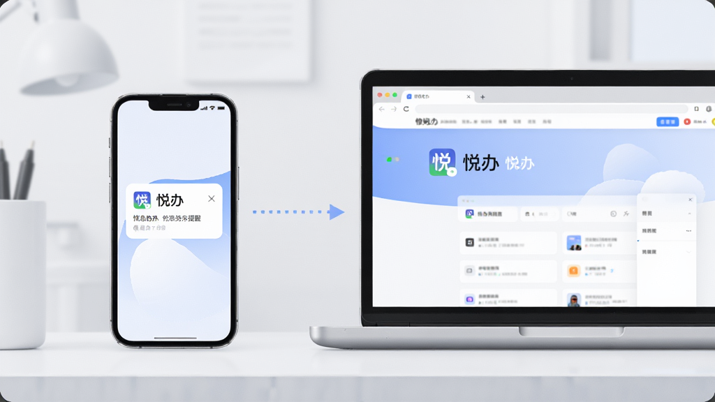 主体为一部手机与一台笔记本电脑并排,手机屏幕显示「悦办」消息提醒弹窗,电脑屏幕显示同一账号的网页端界面;布局为左右并列居中;排版简洁,中间用虚线箭头表示数据同步;风格为现代办公场景插画;细节上设备边框圆润,界面元素清晰,背景为浅灰工作台;画质高清,画面干净,无多余元素