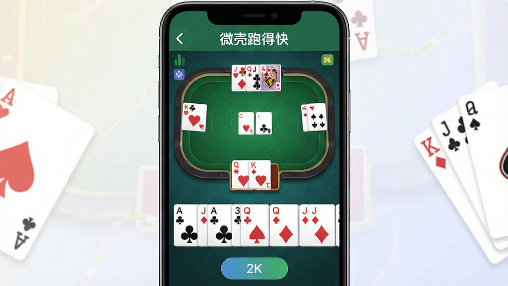 主体为一部竖屏智能手机,屏幕中央展示微壳跑得快游戏对局界面,牌桌为绿色绒面质感,手牌整齐排列在屏幕下方,界面顶部显示“微壳跑得快”字样,背景为简洁的浅色渐变,布局为居中构图,手机两侧点缀扑克牌元素,风格为现代扁平化UI展示风格,细节包括卡牌花色清晰、按钮圆润、界面干净,画质为高清2K,画面干净无多余元素