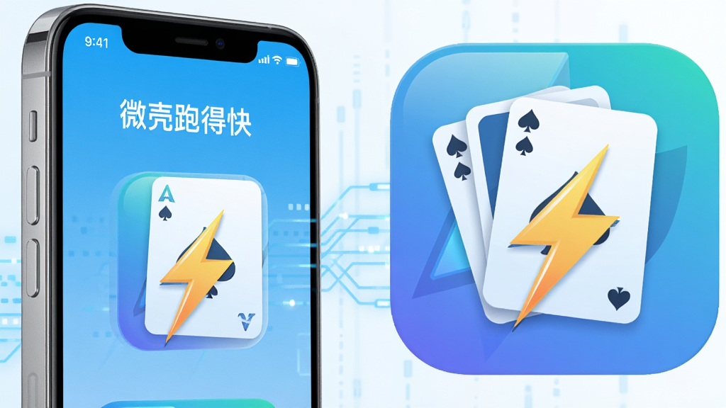 主体为一部手机与一个轻薄的安装包图标并排展示,手机屏幕显示“微壳跑得快”主界面,图标为扑克牌与闪电组合造型,布局为左右对比构图,风格为科技感扁平插画风格,细节包括图标渐变光泽、手机边框金属质感、背景为浅蓝色数据流线条,画质为高清,画面干净无多余元素