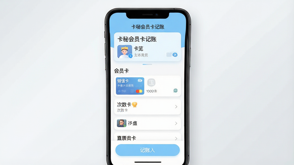 一张简洁的手机应用界面展示图,画面中央是一部竖屏智能手机,屏幕上显示“卡秘会员卡记账”应用的主界面,界面顶部有卡包总览卡片,中部为会员卡列表,包含储值卡、次数卡等条目,底部为记账入口按钮;整体布局居中对称,风格清爽现代,配色以浅蓝与白色为主,细节上卡片带有圆角与轻微阴影,背景为干净的浅灰渐变,画质清晰,无多余元素。