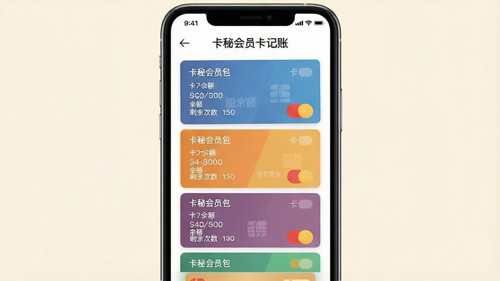 一张手机应用功能展示图,画面主体为一部手机,屏幕显示“卡秘会员卡记账”的卡包管理页面,页面中排列着多张不同颜色的会员卡卡片,每张卡片上标注卡名、余额与剩余次数,卡片呈纵向列表布局,风格扁平化,配色柔和,背景为浅色,细节清晰,画质干净,无多余装饰元素。