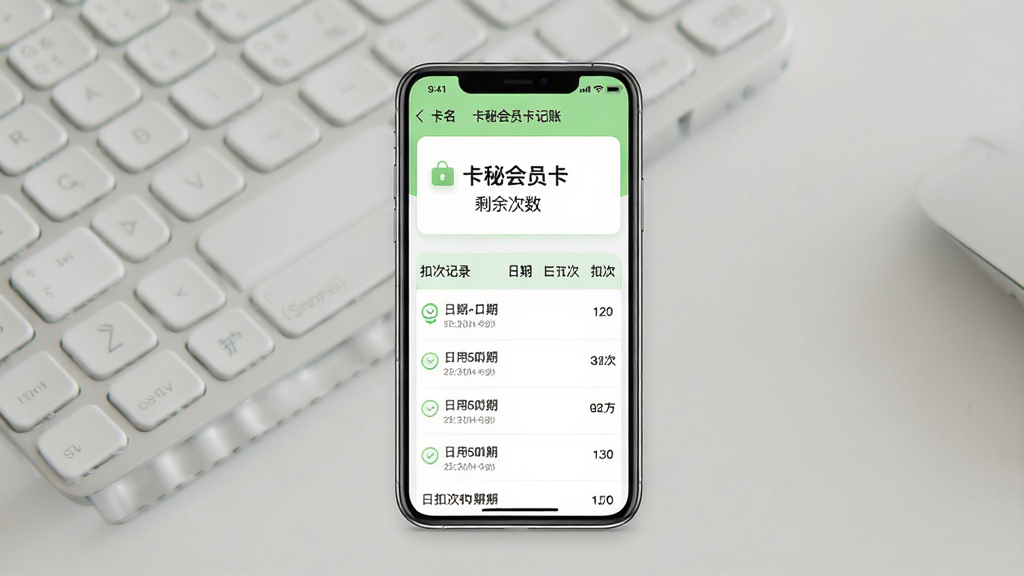 一张手机应用功能示意图,画面展示“卡秘会员卡记账”的次数卡记录界面,手机屏幕中央为次数卡详情页,上方显示卡名与剩余次数,下方为扣次记录列表,每条记录包含日期与扣次数量,界面布局清晰,风格简约,配色以白色与浅绿色为主,背景干净,画质细腻,无多余元素。