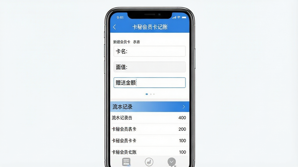 一张手机应用操作示意图,画面展示“卡秘会员卡记账”的记账流程界面,手机屏幕分为上下两部分,上方为新建会员卡表单,包含卡名、面值、赠送金额输入框,下方为流水记录列表,界面布局规整,风格简洁,配色以白色与蓝色为主,背景干净,画质清晰,无多余元素。