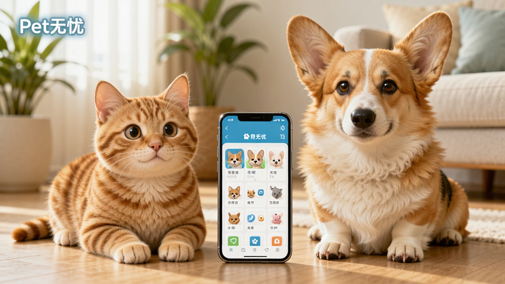 一只可爱的橘猫和一只柯基犬并排坐在明亮的客厅地板上,中间放置一部显示宠物管理界面的智能手机,画面左上角有