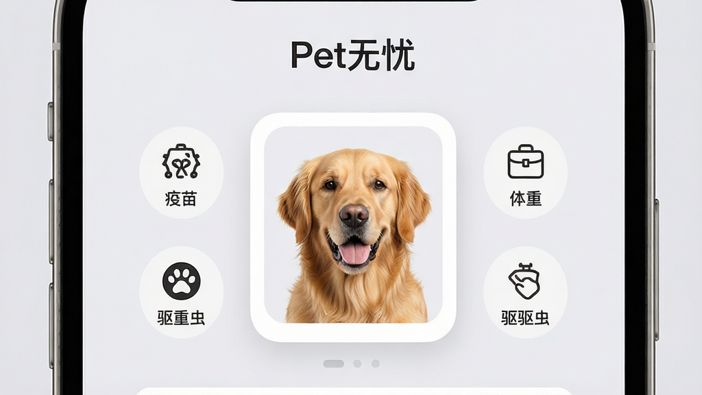 手机屏幕特写展示宠物档案管理界面,画面中央是一只金毛犬的头像卡片,周围环绕疫苗、体重、驱虫等图标,顶部有
